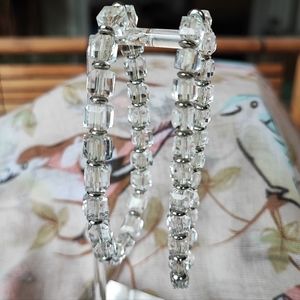 Pair of 2 Clear Square Crystal Cube Stretch Bracelets Vintage Silver Tone Accent